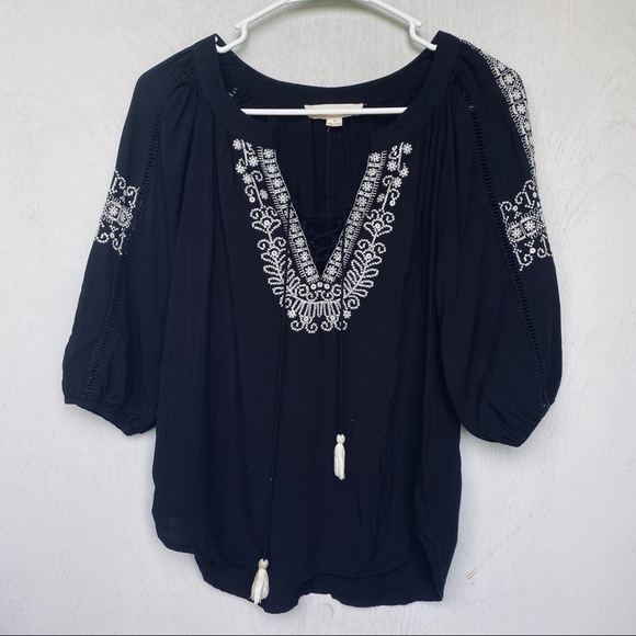 lovestitch Tops - Lovestitch Black & White Embroidered Tunic with Tassels - Lace-Up V-Neck